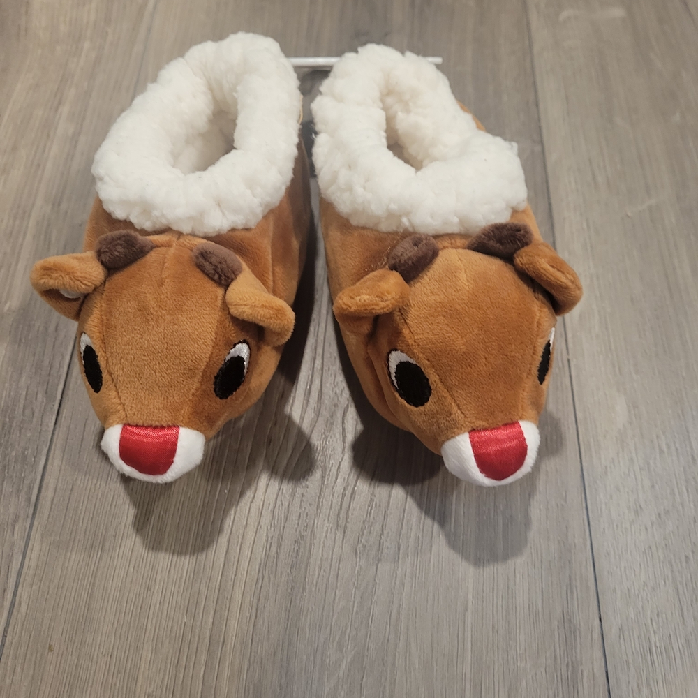Brown Reindeer Rudolph Slippers with White Lining